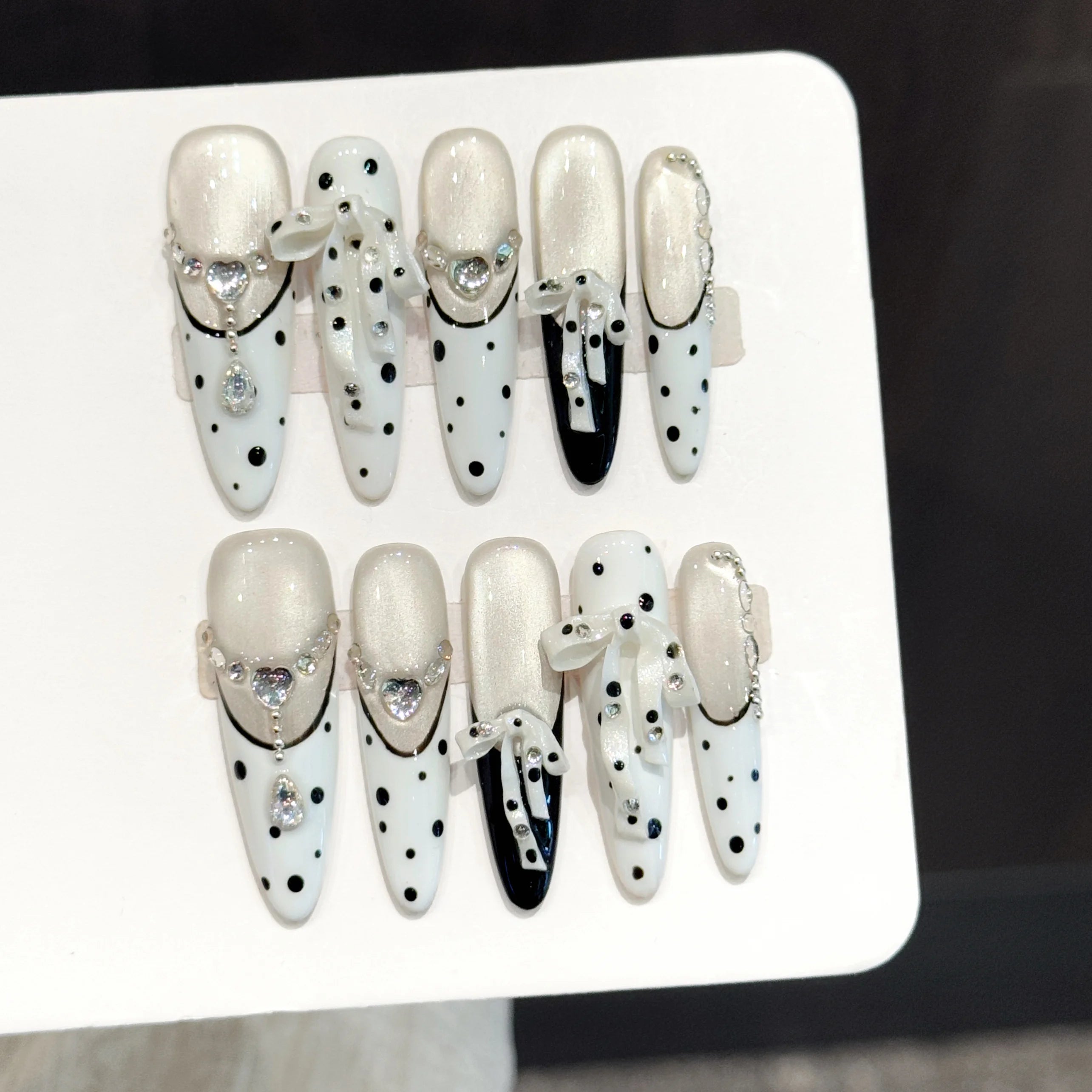 High Quality Handmade Cat Eye Press on Nails Luxury White Black Polka Dot 3D Bowknot French Extra Long Nail Tips