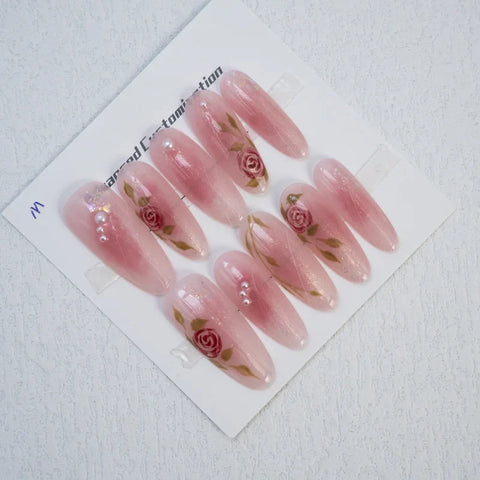 Design Transparent pink Fantasy Rose square Coffin on Nails