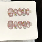 Spring Luxury Handmade Pink Cat Eye Press on Nails Pure Painting Flower Nail Art Elegant Short White French Tips