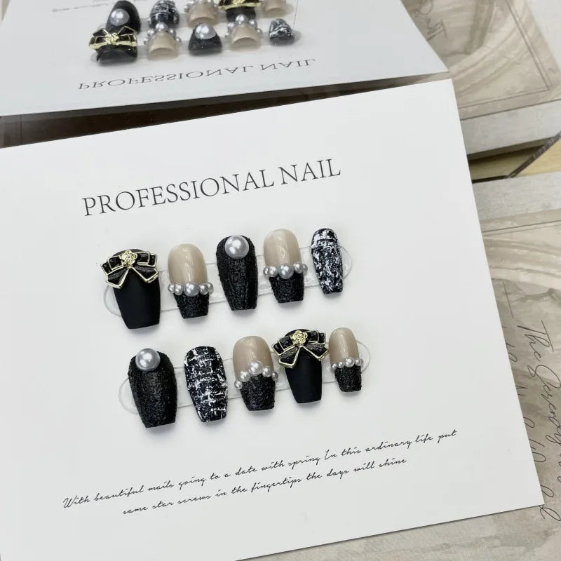 Coffin High Quality Gel Press on Nails Black with Rhinestones Design Full Cover Artificial Handmade Wear Nail