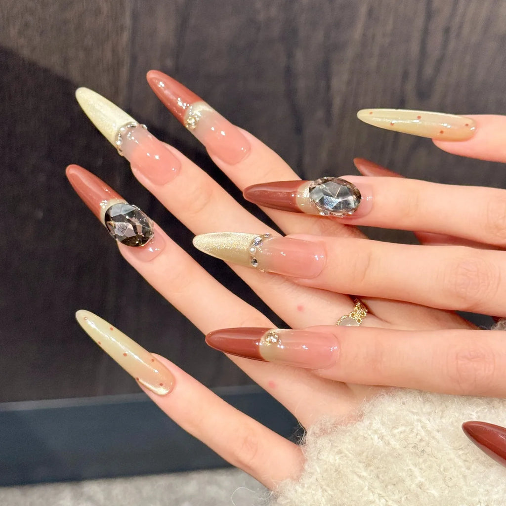 Press on Nails Handmade Red Gold Cat Eye French Nail Art Luxury Gems Nail Charms Nail Tips