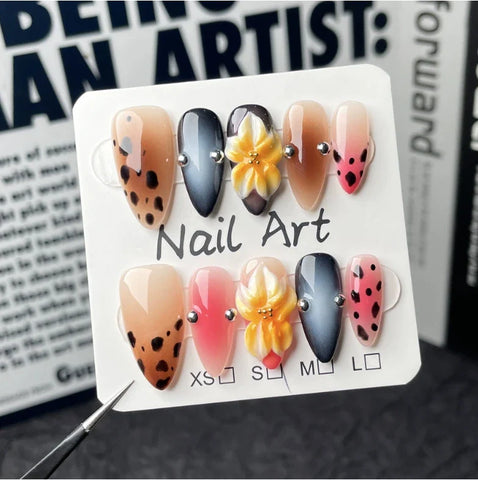 Handmade Manufacturer 3D Floral Carved Sexy Leopard Almond Blush Nails