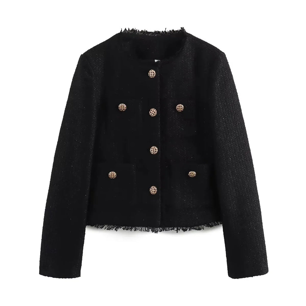 Elegant Women Camel Tweed Jacket 2025 Autumn Long Sleeve Button Frayed Cropped Jacket Female Fashion O-neck Pocket Short Coats