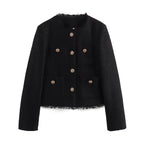 Elegant Women Camel Tweed Jacket 2025 Autumn Long Sleeve Button Frayed Cropped Jacket Female Fashion O-neck Pocket Short Coats