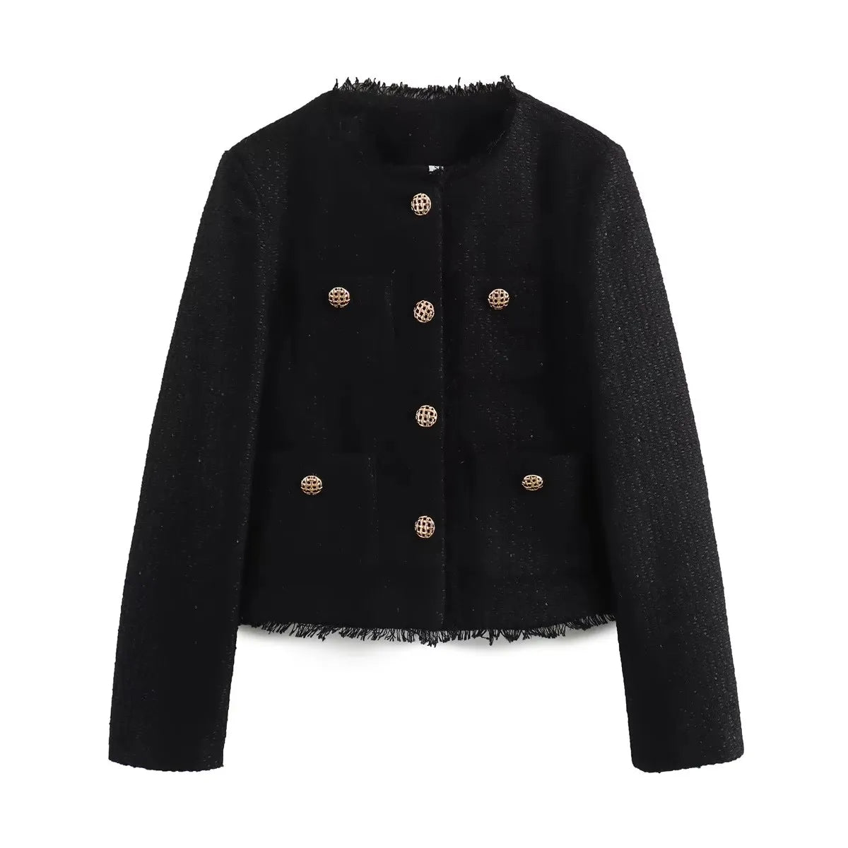 Elegant Women Camel Tweed Jacket 2025 Autumn Long Sleeve Button Frayed Cropped Jacket Female Fashion O-neck Pocket Short Coats