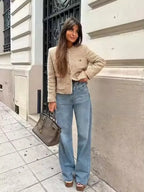 Elegant Women Camel Tweed Jacket 2025 Autumn Long Sleeve Button Frayed Cropped Jacket Female Fashion O-neck Pocket Short Coats