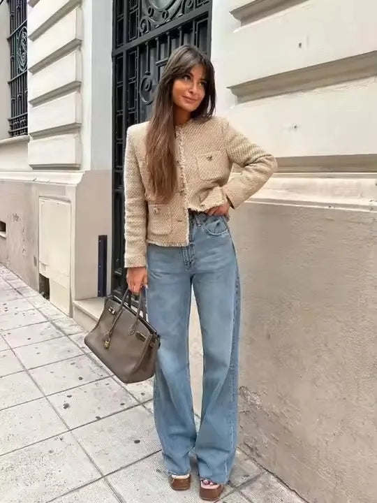 Elegant Women Camel Tweed Jacket 2025 Autumn Long Sleeve Button Frayed Cropped Jacket Female Fashion O-neck Pocket Short Coats