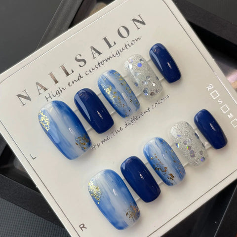 Fashion Blue Starry Sky Full Cover Removable Finished Hand Painted False Nail Patch Manicure