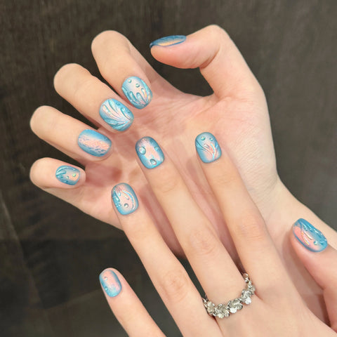 High Quality Ocean Blue Y2K Short Round 10pcs Press on Nails Handmade Custom Logo Artificial Acrylic Gel Nails