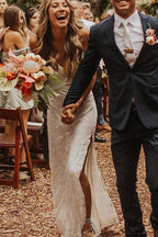 High Quality V-neck Spaghetti Straps Side Slit Lace Beach Wedding Dresses