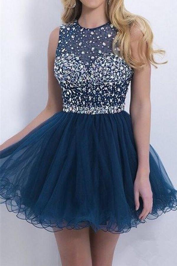 Vestido de fiesta corto con escote halter, encaje, cuentas y corte en A, bonitos vestidos de bienvenida. 