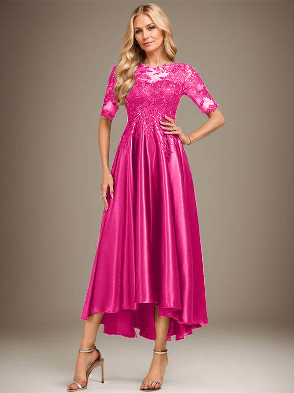 A-Linien-Kleid mit asymmetrischem, transparentem Ausschnitt, Stretch-Satinspitze und Pailletten für die Mutter der Braut 