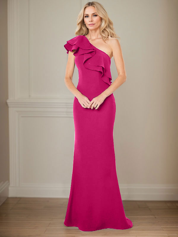 Vestido de gasa para madre de la novia, corte A, un hombro, largo hasta el suelo, con volantes 