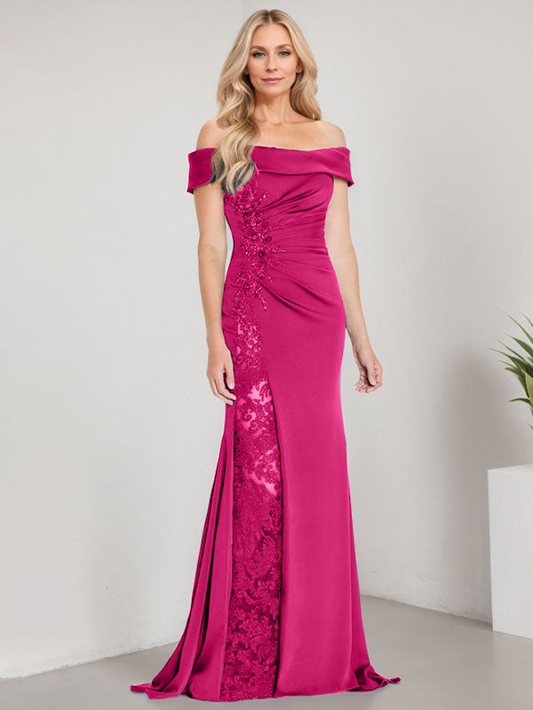 A-Linien-Kleid mit schulterfreiem bodenlangem Schnitt, Applikationen, Perlenstickerei, Meerjungfrauen-Stil und hohem Beinschlitz – perfekt für die Mutter der Braut. 