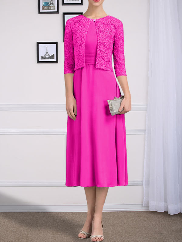 Vestido de gasa para madre de la novia, corte A, escote redondo, largo hasta la rodilla, con pliegues
