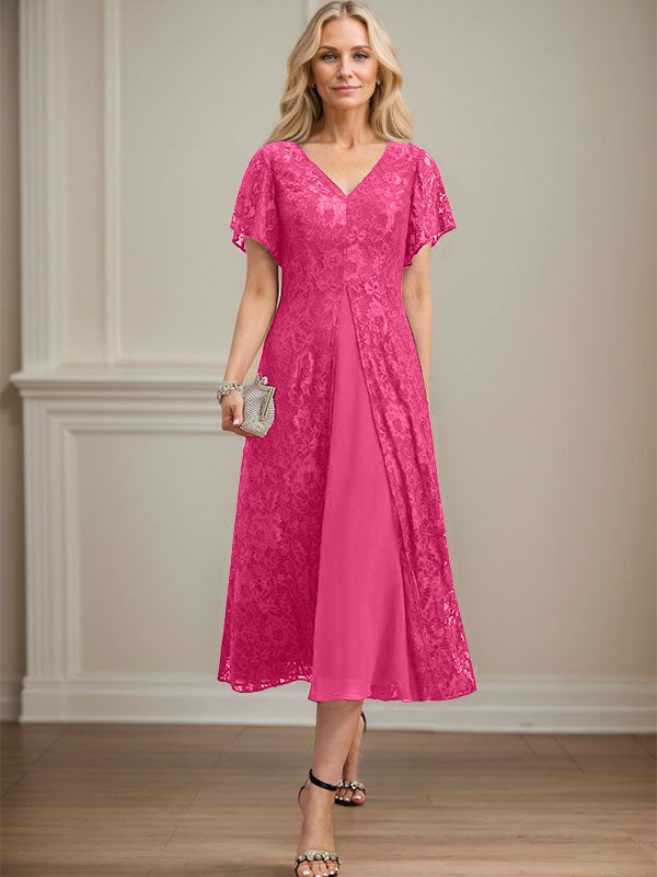 A-Linien-Kleid aus Chiffon mit V-Ausschnitt und Teelänge für die Mutter der Braut 