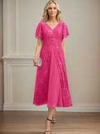 A-Linien-Kleid aus Chiffon mit V-Ausschnitt und Teelänge für die Mutter der Braut 