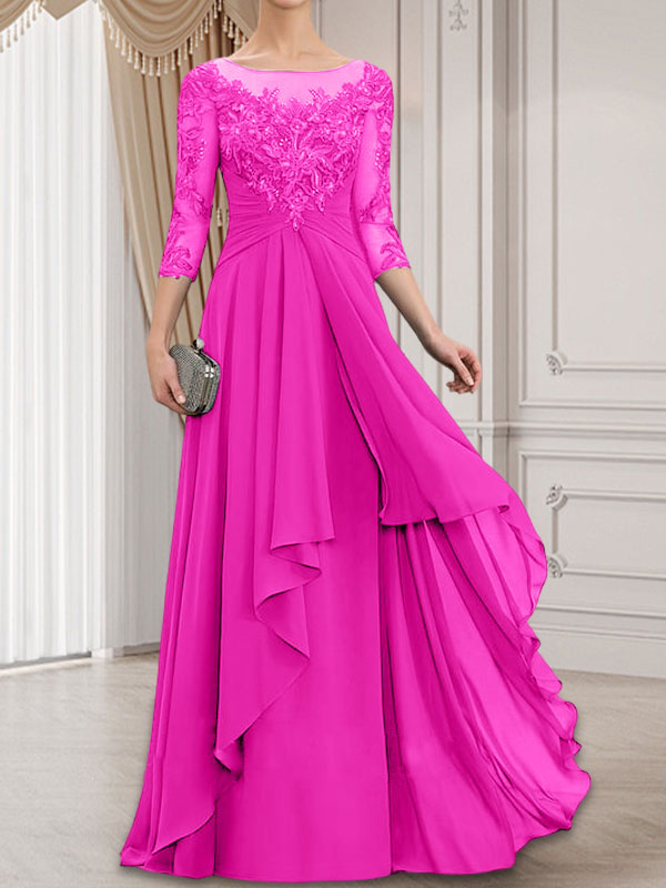 A-Linien-Kleid mit U-Boot-Ausschnitt, Illusion-Effekt, bodenlang, aus Chiffon und Spitze, mit Kaskadenrüschen – perfekt für die Mutter der Braut