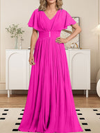 A-Linien-Chiffonkleid mit V-Ausschnitt, bodenlang, für die Mutter der Braut, mit Kristallbrosche und Falten 