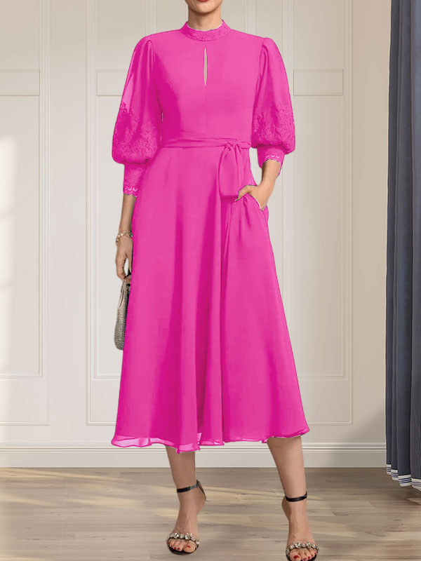 A-Linien-Kleid aus Chiffon mit hohem Kragen, Teelänge und Spitze für die Mutter der Braut, verziert mit einer Schleife