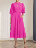 A-Linien-Kleid aus Chiffon mit hohem Kragen, Teelänge und Spitze für die Mutter der Braut, verziert mit einer Schleife