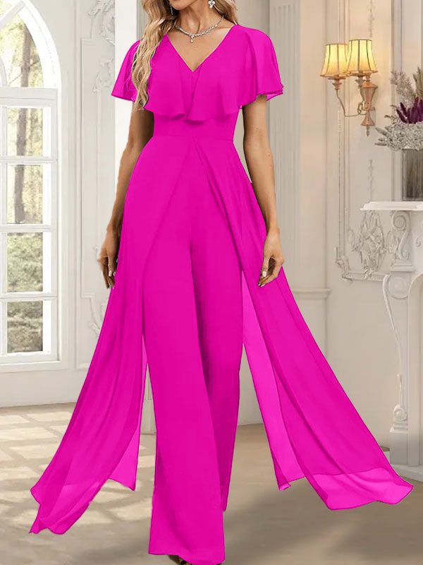 Jumpsuit/Hosenanzug, bodenlanges Chiffon-Abendkleid mit V-Ausschnitt