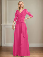 A-Linien-Kleid aus Chiffon mit V-Ausschnitt, bodenlang, mit Spitze, Kaskadenrüschen und Pailletten für die Mutter der Braut 