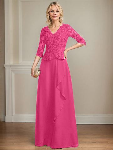 A-Linien-Kleid aus Chiffon mit V-Ausschnitt, bodenlang, mit Spitze, Kaskadenrüschen und Pailletten für die Mutter der Braut 