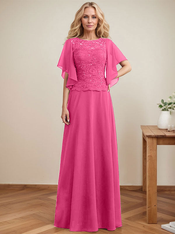 A-Linien-Kleid mit Rundhalsausschnitt, Illusion-Effekt, bodenlang, aus Chiffon und Spitze mit Pailletten – das perfekte Brautmutterkleid 