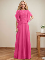 A-Linien-Kleid mit Rundhalsausschnitt, Illusion-Effekt, bodenlang, aus Chiffon und Spitze mit Pailletten – das perfekte Brautmutterkleid 