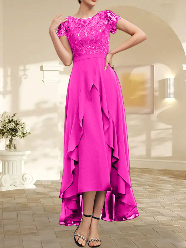 Vestido de madre de la novia de gasa asimétrica con escote en A, ilusión, encaje, lazo, volantes y lentejuelas 