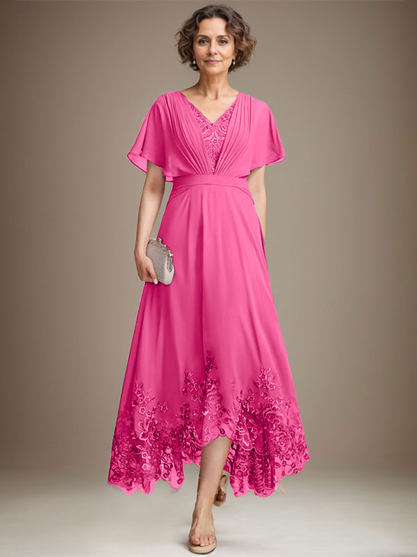 A-Linien-Kleid aus Chiffon mit asymmetrischem V-Ausschnitt und Spitze für die Mutter der Braut mit Falten