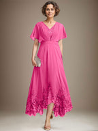 A-Linien-Kleid aus Chiffon mit asymmetrischem V-Ausschnitt und Spitze für die Mutter der Braut mit Falten