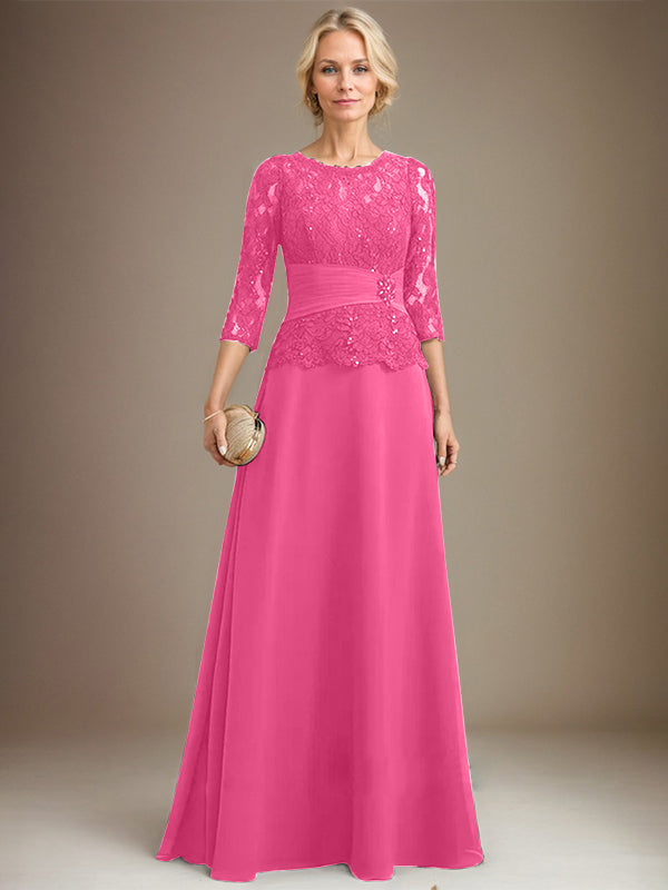 Vestido de gasa con encaje y escote en A, ilusión, largo hasta el suelo, para madre de la novia, con lentejuelas plisadas y abalorios 