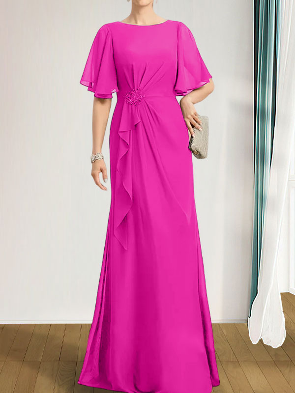 A-Linien-Kleid aus Chiffon in Bodenlänge für die Mutter der Braut mit kaskadenartigen Rüschen, Perlen und Pailletten