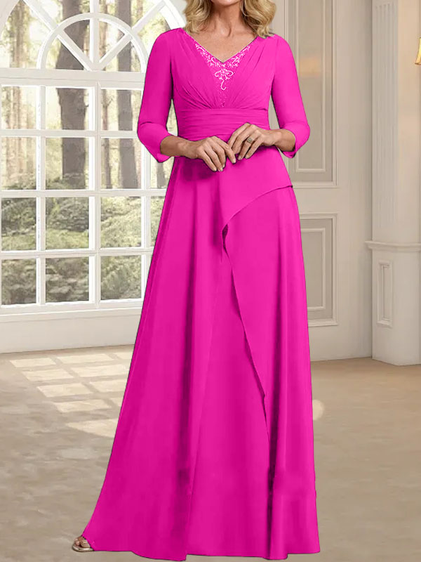 A-Linien-Kleid aus Chiffon mit V-Ausschnitt, bodenlang, für die Mutter der Braut, mit plissierter Perlenstickerei