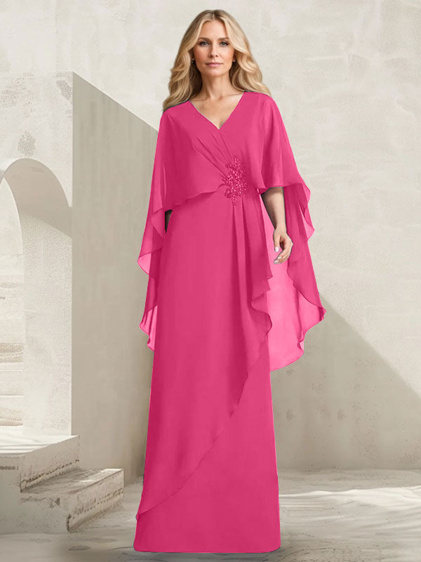 A-Linien-Kleid aus Chiffon mit V-Ausschnitt, bodenlang, mit Kaskadenrüschen und Perlenstickerei für die Mutter der Braut. 