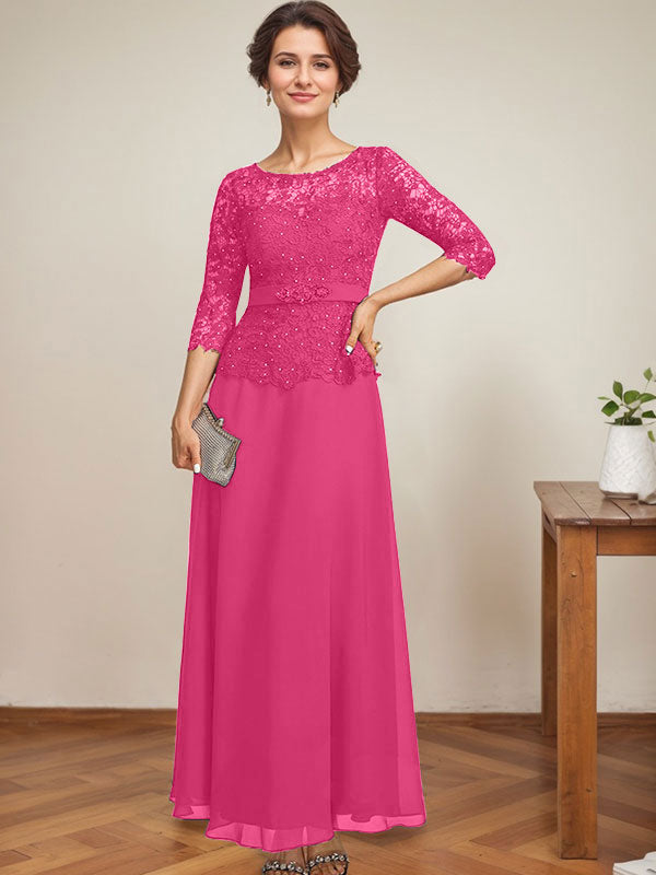 A-Linien-Kleid mit U-Boot-Ausschnitt, Illusion-Detail, knöchellang, aus Chiffon und Spitze mit Strassperlen für die Mutter der Braut. 
