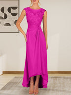 Champagnerfarbenes A-Linien-Chiffonkleid mit Rundhalsausschnitt und Spitze