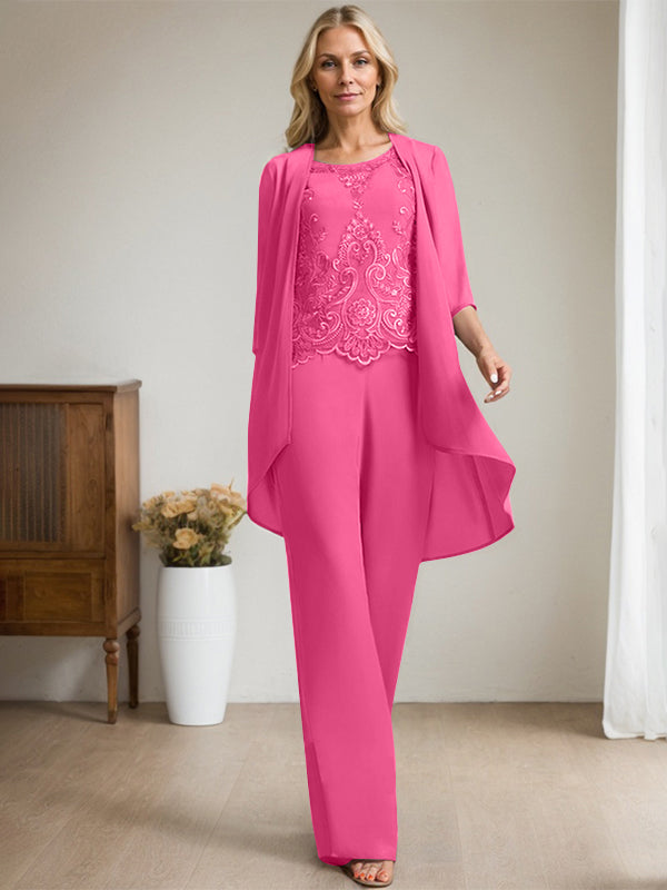 Vestido de madre de la novia de gasa con encaje, escote redondo y lentejuelas y mono/pantalón separado 