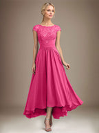 A-Linien-Kleid aus Chiffon mit asymmetrischem, plissiertem Spitzeneinsatz und Illusion-Ausschnitt für die Mutter der Braut 