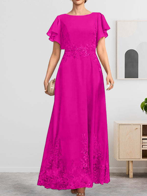 A-Linien-Kleid mit Rundhalsausschnitt, knöchellang, aus Spitze und Chiffon, mit Pailletten besetzt