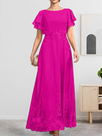 A-Linien-Kleid mit Rundhalsausschnitt, knöchellang, aus Spitze und Chiffon, mit Pailletten besetzt