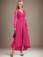 A-Linien-Kleid aus Chiffon mit V-Ausschnitt und asymmetrischer Spitze für die Mutter der Braut