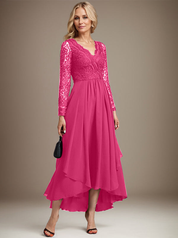 Vestido de gasa con encaje asimétrico y escote en V para madre de la novia 