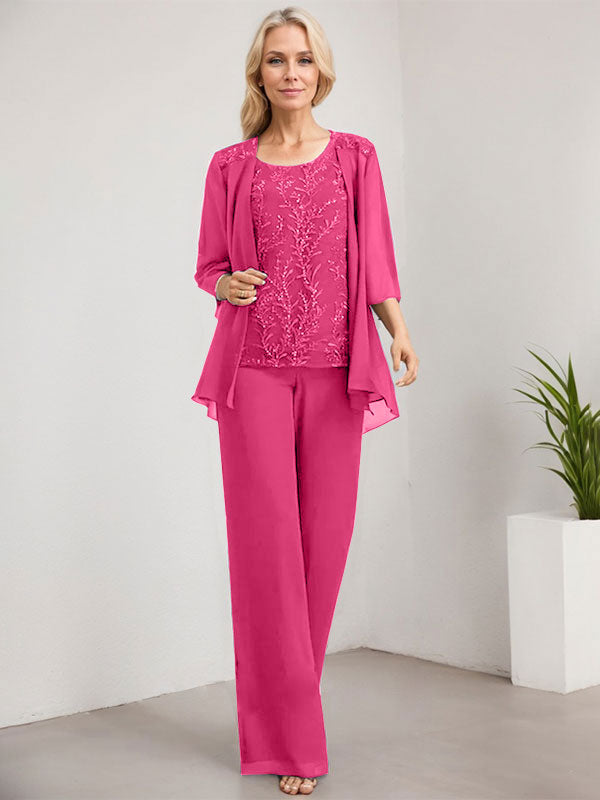 Zweiteiliger Jumpsuit/Hosenanzug, bodenlanges Chiffon-Kleid mit Spitze und Pailletten für die Mutter der Braut
