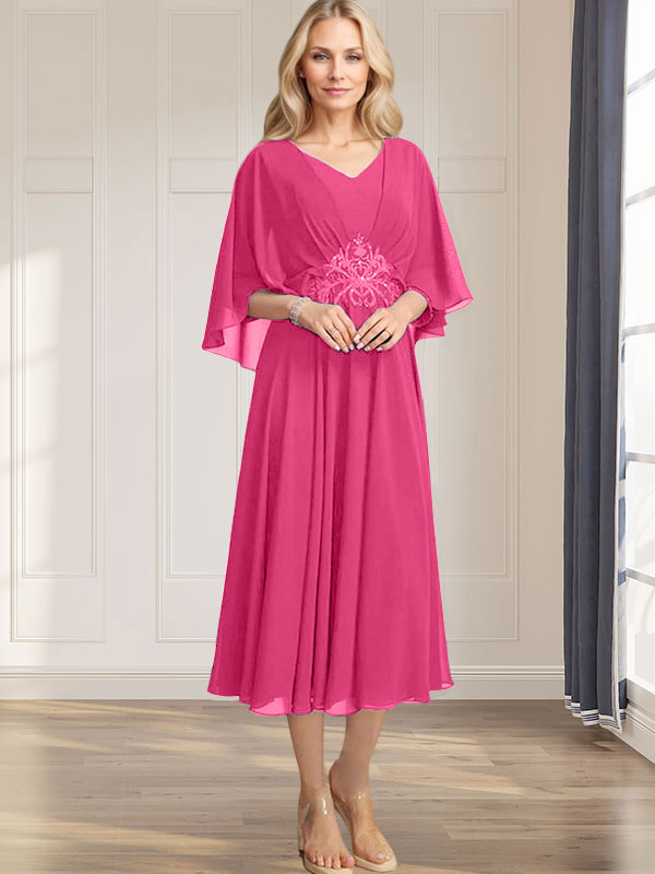 A-Linien-Kleid aus Chiffon mit V-Ausschnitt, Teelänge, plissierten Paillettenapplikationen und Perlenstickerei für die Mutter der Braut 