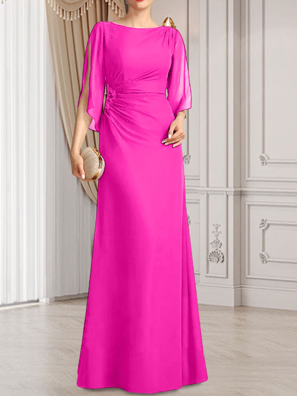 Etui-/Säulen-Chiffonkleid in Bodenlänge für die Mutter der Braut mit plissierter Perlenstickerei
