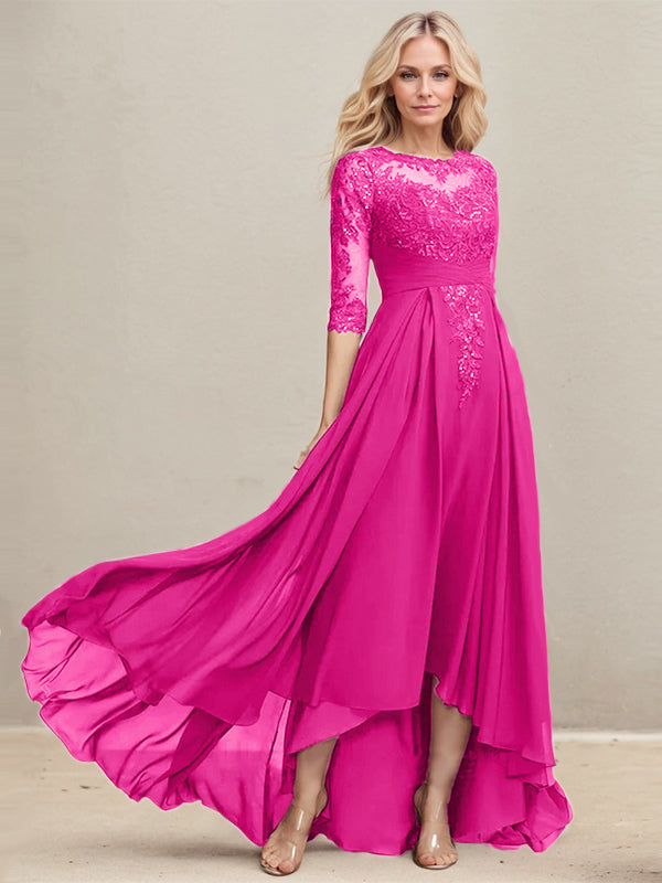 Vestido de madre de la novia de gasa con encaje asimétrico, ilusión, corte A y lentejuelas plisadas 