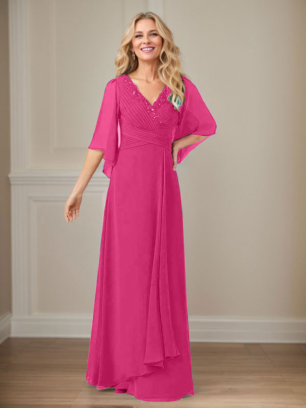 Vestido largo de gasa con lentejuelas y escote en V en forma de A para madre